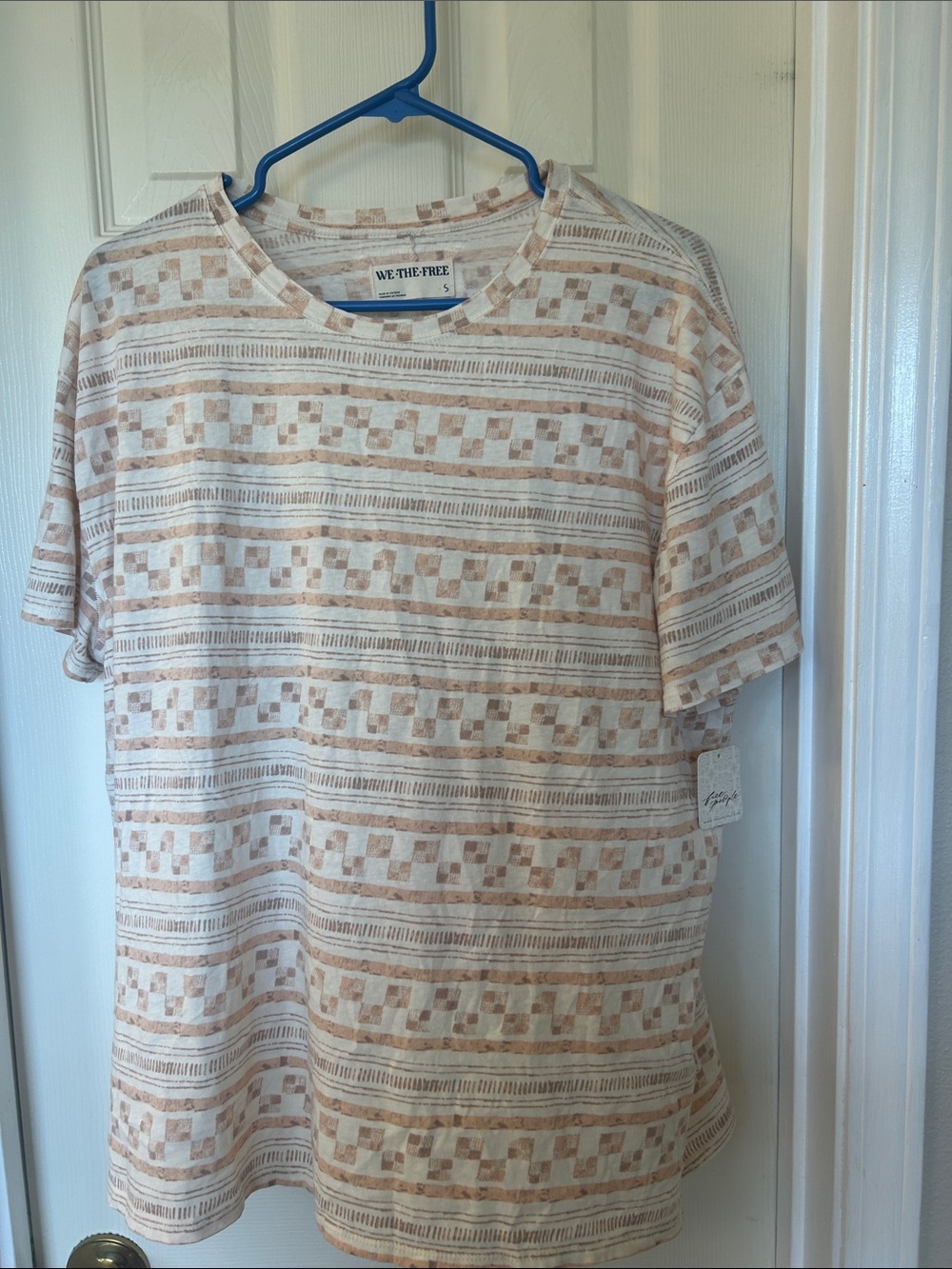 We The Free  Short Sleeve Patterned Crewneck T-Shirt - Cream/Tan